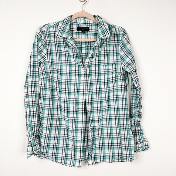 2/$30 Banana Republic Poplin Softwash Classic Plaid Shirt Green Blue #BAG2 - Picture 3 of 8